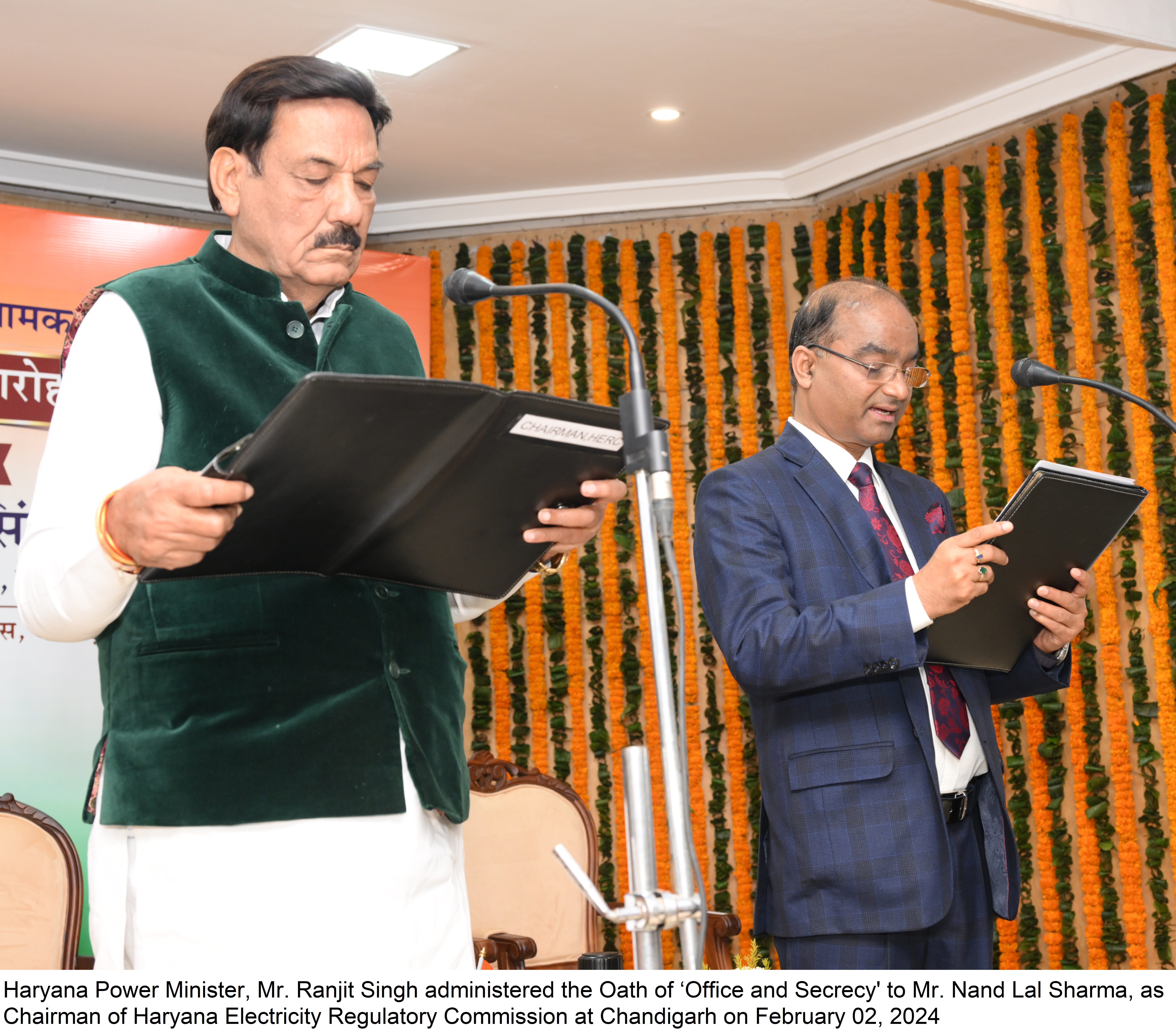 Haryana Power Minister, Mr. Ranjit Singh administered the Oath of ‘Office and Secrecy' to Mr. Nand Lal Sharma as Chairman of Haryana Electricity Regulatory Commission at Chandigarh on February 02, 2024